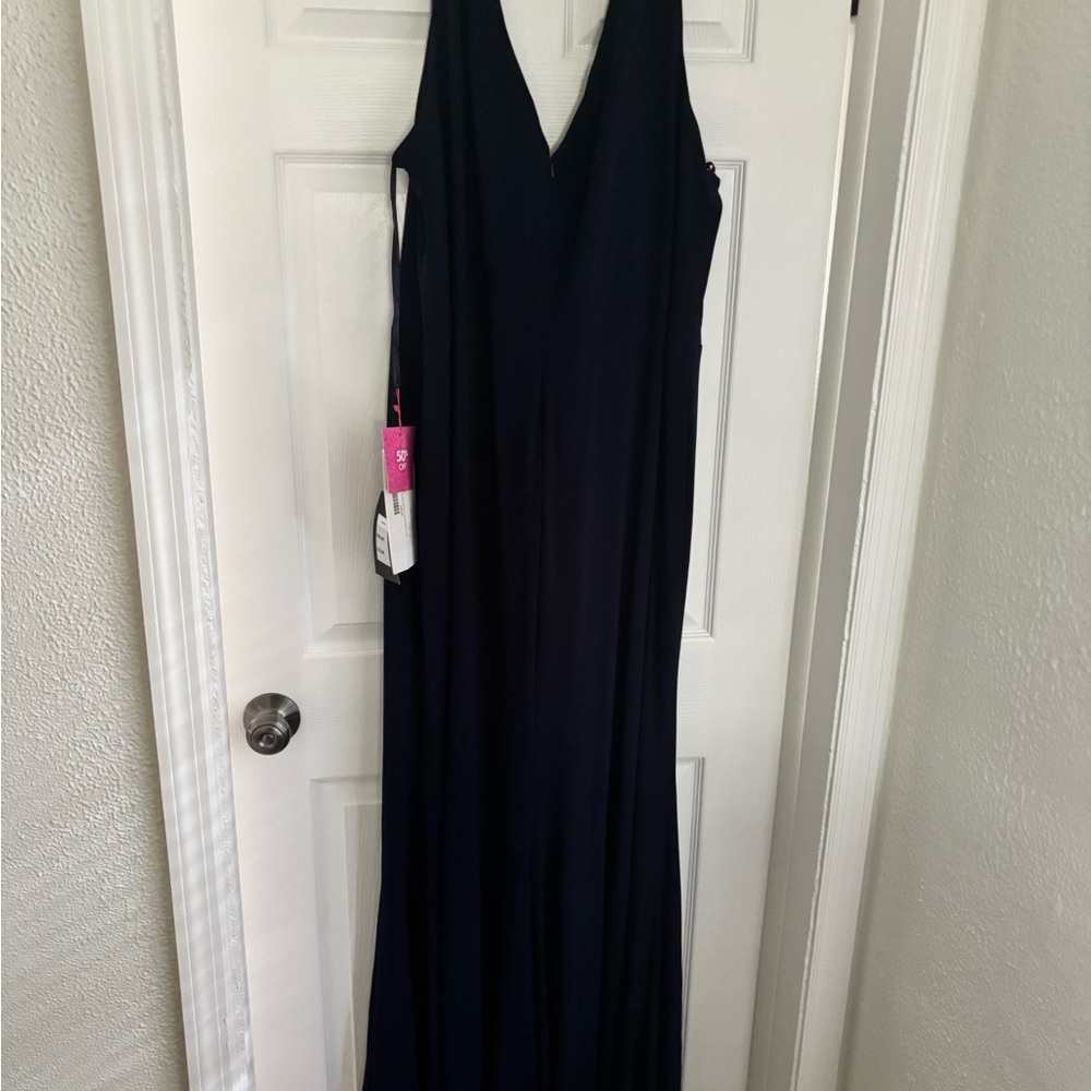 La Femme Midnight Blue V-Neck Gown